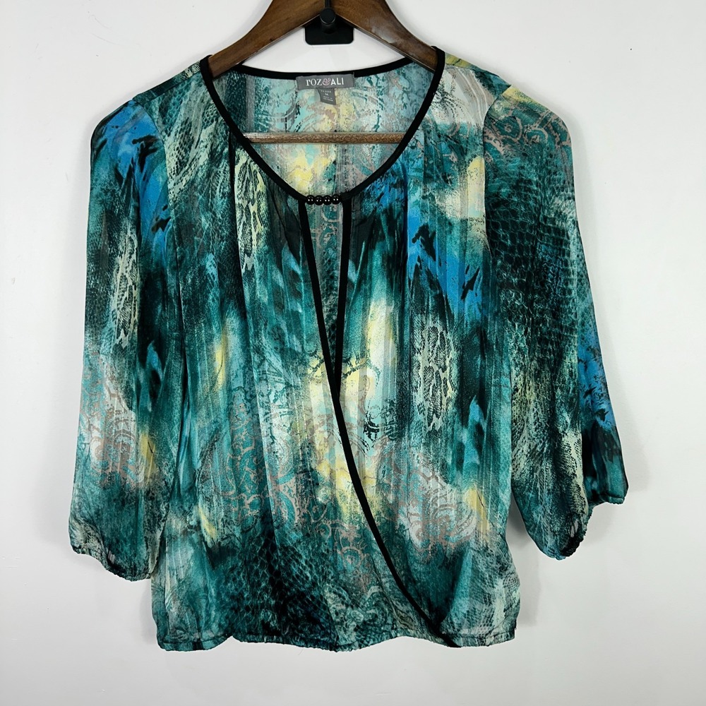 Roz & Ali Petite M Sheer‎ Blouse Teal Blue Abstract Boho Resort Whimsigoth Y2K